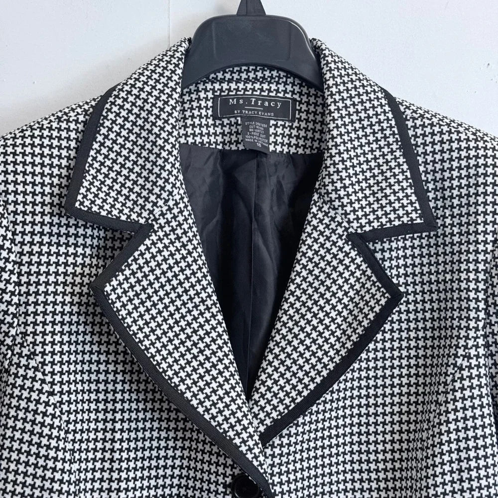 Ms. Tracy Tracy Evans Houndstooth Blazer Black White Trim Bows Size 18 Pockets